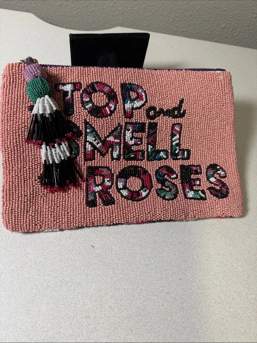 Anthropologie Pink Beaded 'Stop and Smell the Roses' Zip Pouch